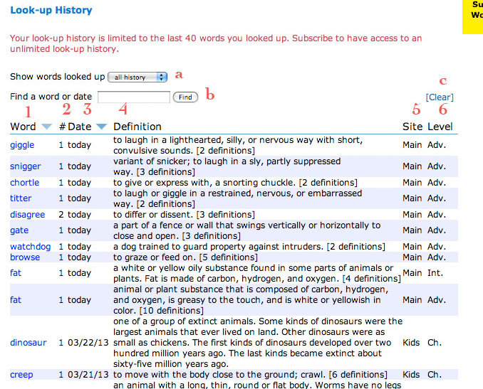 Look-up history page